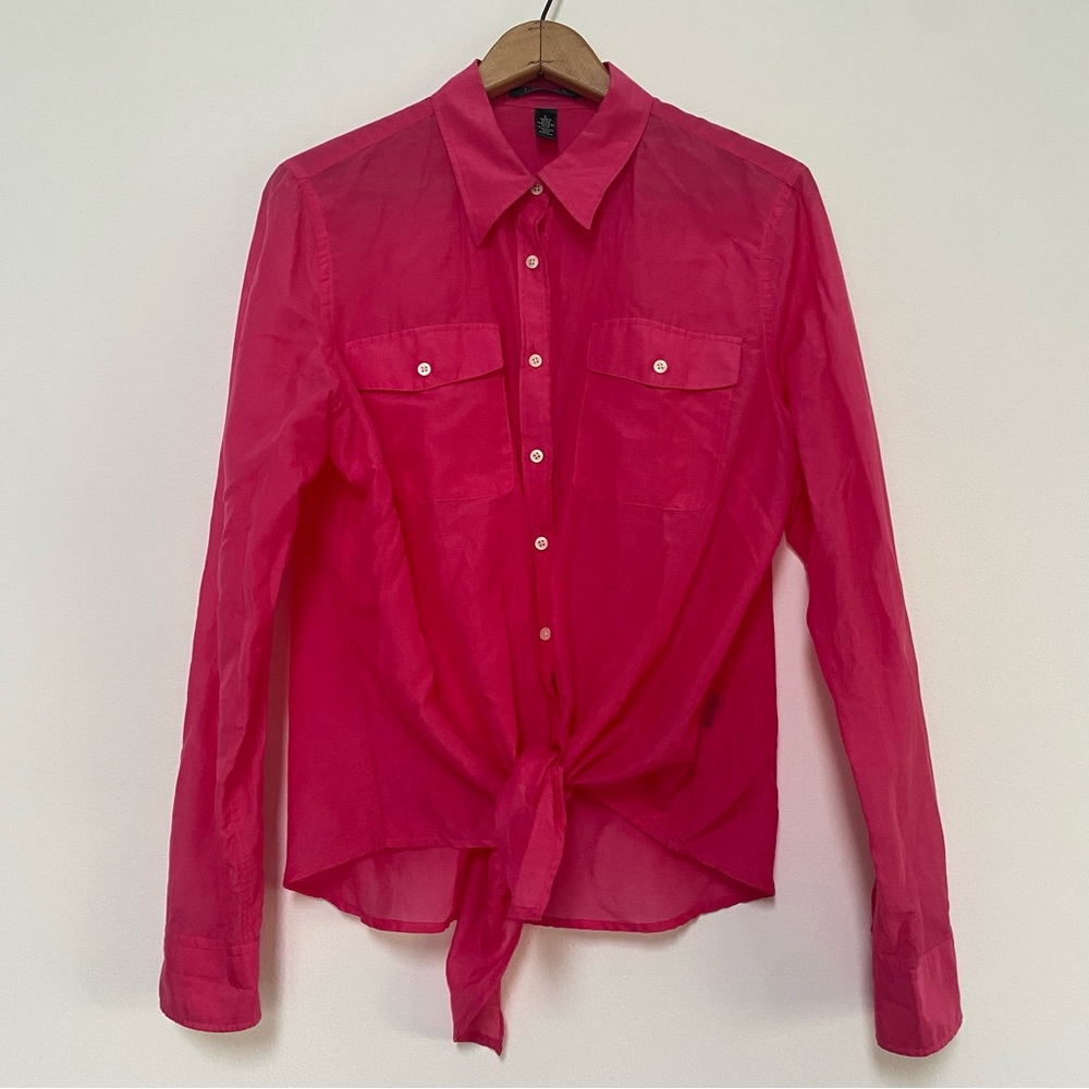 24H SALE Ralph Lauren Silk Cotton Lightweight Tied Button Shirt Pink L